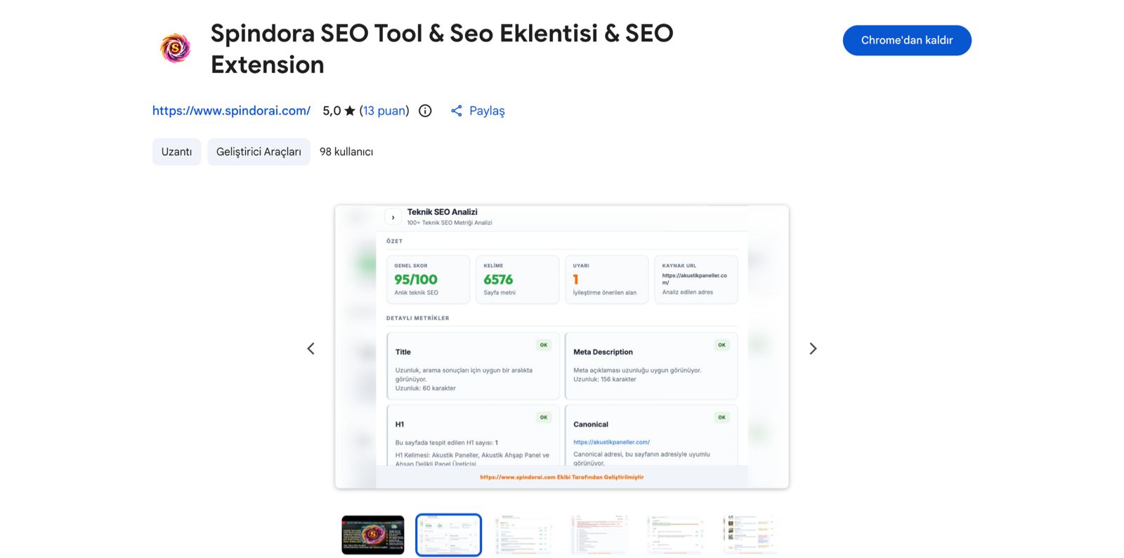 Spindora Chrome SEO eklentisi arayüzü — tarayıcıda anlık Seo Analiz Aracı
