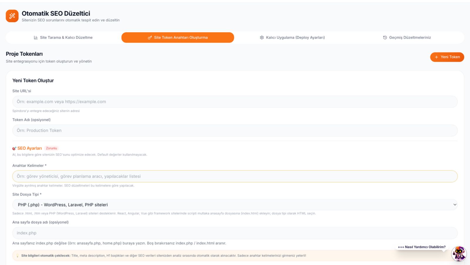 Spindora otomatik SEO düzeltici paneli — AI Seo Aracı Script Injector ekranı