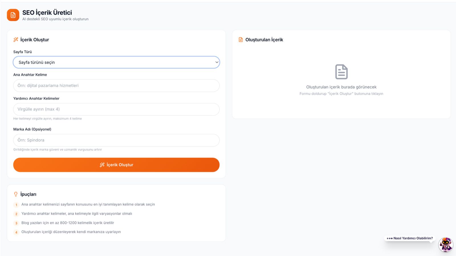 Spindora SEO uyumlu içerik üretici arayüzü — yapay zeka destekli SEO aracı