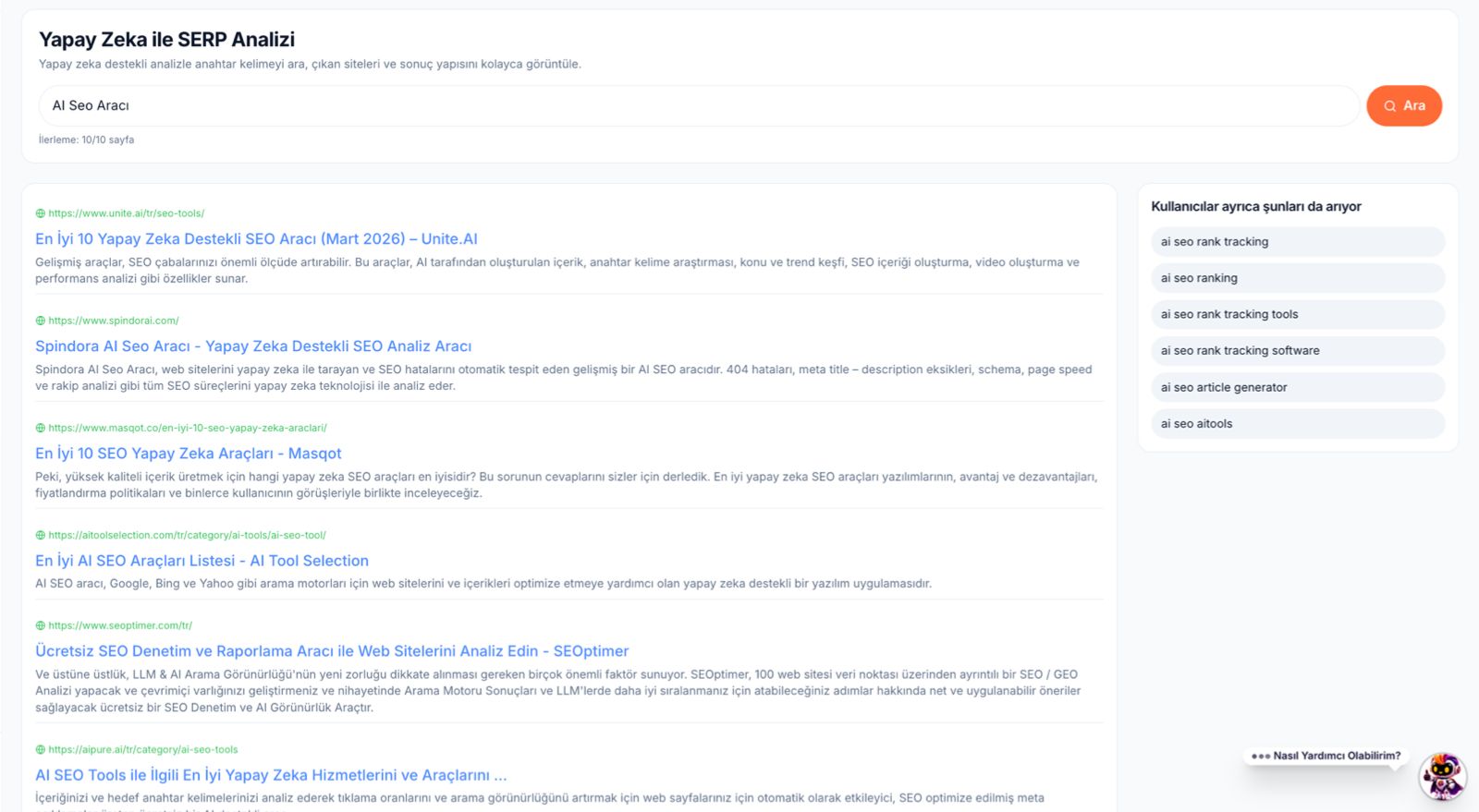 Spindora SERP analizi paneli — SEO aracı ile arama sonucu ve rakip inceleme